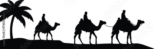 Camel caravan silhouette with palm tree, desert journey vector art, nomadic travel illustration, historical trade route scene, cad drawing flat vector illustration