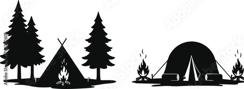 Camping scene silhouettes with triangular and dome tents, campfires and pine trees, outdoor adventure vector art, cad drawing flat vector illustration