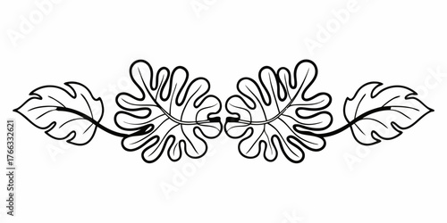 Vector symmetrical leaf arrangement with two distinct leaf types in a black and white outline design element