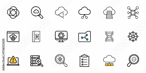 Modern data science and cloud technology icon set for digital transformation, featuring network, security, and connectivity solutions, scalable vector graphic