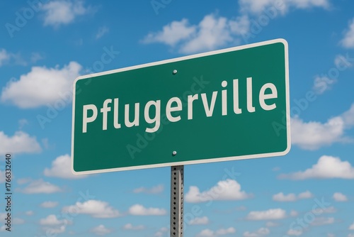 Pflugerville city road sign with blue sky