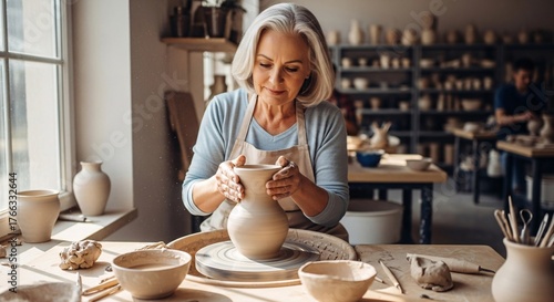 Elegant mature woman creating pottery in bright studio, shaping vase with skill and care, fulfilling passion