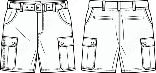 Cargo shorts fashion illustration, technical flat drawing, apparel design sketch, trendy streetwear outline, garment construction detail, cad drawing flat vector illustration