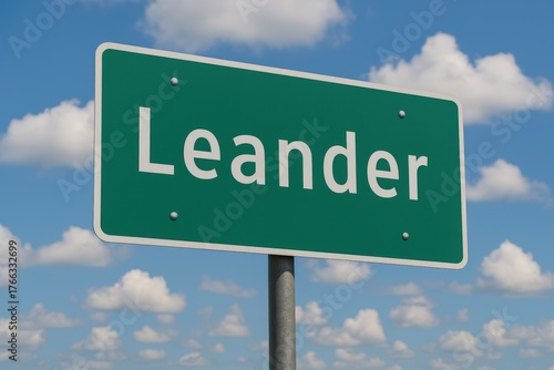 Leander road sign with sky and clouds