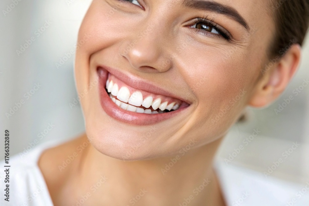 Obraz premium A woman with a bright smile is shown in a white shirt