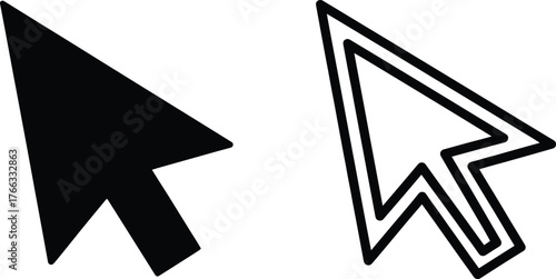 Computer mouse cursor icons, black arrow pointer, digital navigation symbol, flat vector design, user interface element, modern technology illustration, CAD drawing flat vector illustration