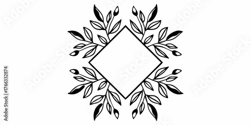 Vector botanical diamond frame with leaves and buds in black and white outline drawing elegant design for text space