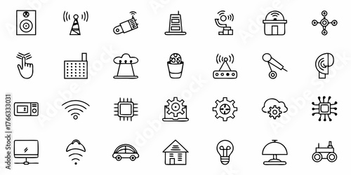 Diverse smart technology line icons showcasing innovation, connectivity, and modern living, ideal for illustrating tech concepts and future trends in presentations