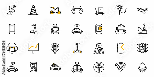 Futuristic transportation icons showcasing autonomous vehicles, drones, and modern tech for a dynamic, interconnected world, perfect for innovative projects