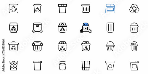 Various recycling bins and trash cans for waste management in a modern and clean line art style highlighting ecological awareness and environmental responsibility