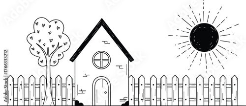 House with tree fence bushes and sun line art illustration, outdoor nature vector design, minimalist home drawing, cad flat vector illustration