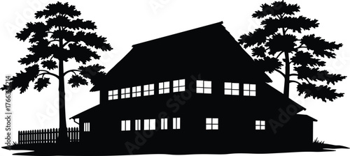 House with trees and fence silhouette illustration, rural suburban home vector art, outdoor nature design, cad flat vector illustration