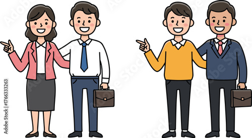 Professional business teamwork illustration showing colleagues collaborating, supporting each other, and presenting ideas with friendly expressions