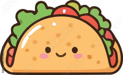 Cute Cartoon Taco with Lettuce Tomatoes and a Smiling Face