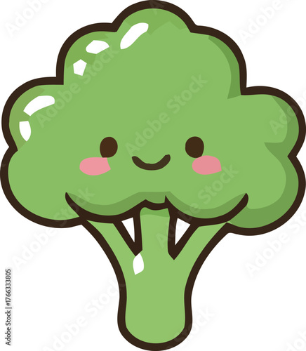 Cute Cartoon Broccoli Character with a Smiling Expression and Pink Cheeks