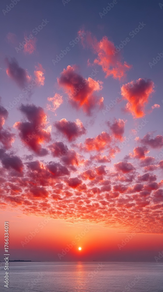 Naklejka premium Dramatic Fiery Orange Clouds Glow During Golden Hour Sunset Over Calm Ocean Reflecting Sunlight