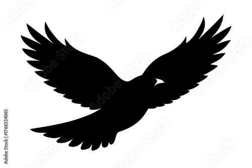 A striking black silhouette of a bird with outstretched wings in mid flight isolated on a clean white background symbolizing freedom and movement silhouette isolated on white background