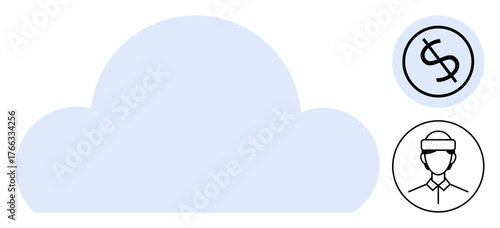 Large cloud with a dollar sign and worker avatar representing online business, services, storage, connection, computing. Ideal for technology, finance, workforce, remote work data management