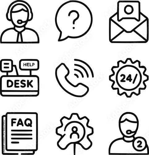 Customer Support Agent Outline Icons Headset, Live Chat, and Help Desk Vector Set