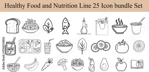 Healthy Food and Nutrition Line Icons Bundle