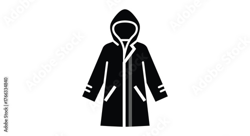 Simple black silhouette illustration of a hooded trench coat with pockets and cuff details on a white background