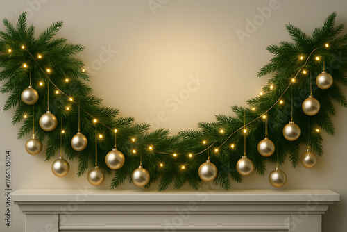 Elegant Christmas garland decoration with gold ornaments and string lights hanging over a white mantelpiece, with warm, neutral copy space above.