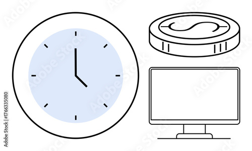 Clock, computer monitor, and coin emphasize time, productivity, digital work, savings, and efficiency. Ideal for organization, work-life balance tasks planning finance digital economy
