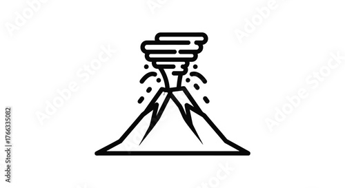 Simple black and white line art silhouette of an erupting volcano with smoke and lava flowing down its sides silhouette