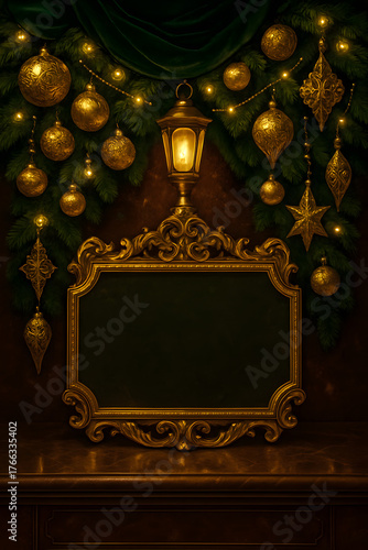 Luxurious Christmas banner with ornate gold frame, vintage lantern, rich jewel tones, and gold ornaments on a dark background for elegant holiday greetings.