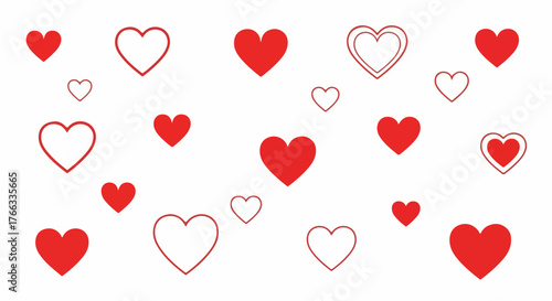 A collection of red solid and outlined hearts of different sizes scattered across a white background.