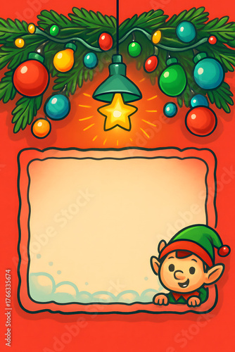 Cute cartoon Christmas banner with colorful ornaments, festive garland, a happy elf, and a framed area for text on a bright red background.