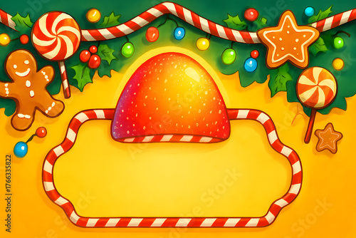 Cheerful cartoon Christmas sweets banner with gingerbread man, lollipops, candy cane frame, colorful lights, and a central area for text.