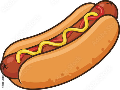 Cartoon Hotdog with Mustard and Ketchup on a Bun Illustration