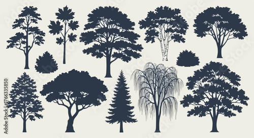 A diverse collection of various tree and bush silhouettes, depicted in a dark vector style against a light background.