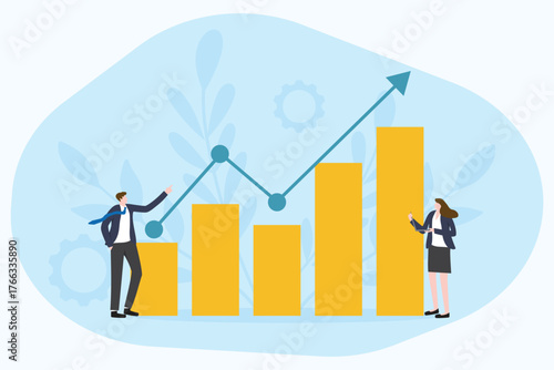 Business achievement, Marketing strategy planning, growth and winning profit investment, sale successful concept. Businessman with high linear graph flat vector illustration.