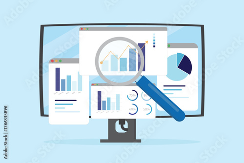 Data analytics research for business finance investment analysis from Technology and AI concept. Magnifying glass with marketing infographic dashboard graph flat vector illustration.