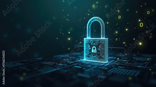 Wallpaper Mural Digital security is showcased through a luminous padlock rendered in a vibrant blue hue, superimposed onto a circuit board background with scattered yellow particles, indicating a secure digital... Torontodigital.ca