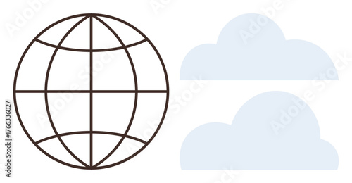 Globe with grid lines beside two minimalist blue clouds symbolizing global communication, internet, cloud computing. Ideal for networking, storage, digitalization, collaboration, data integration