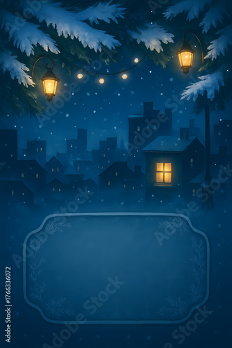 Serene Christmas city night background with snowy pine branches, warm street lanterns, falling snow, and a dark blue frame for holiday greeting text.