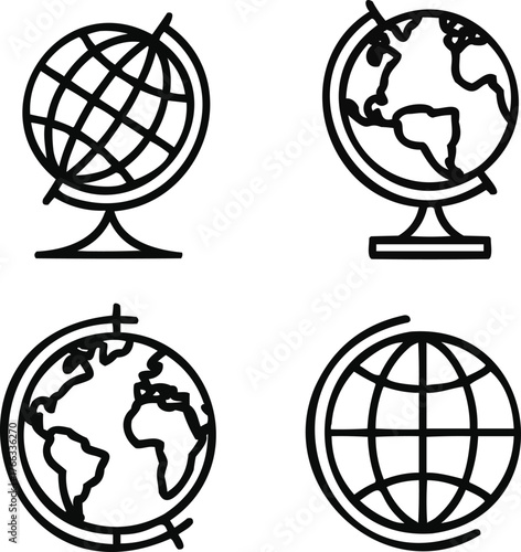 World Globe Icons  Minimal Outline Vector Set of Earth and Global Geography Symbols