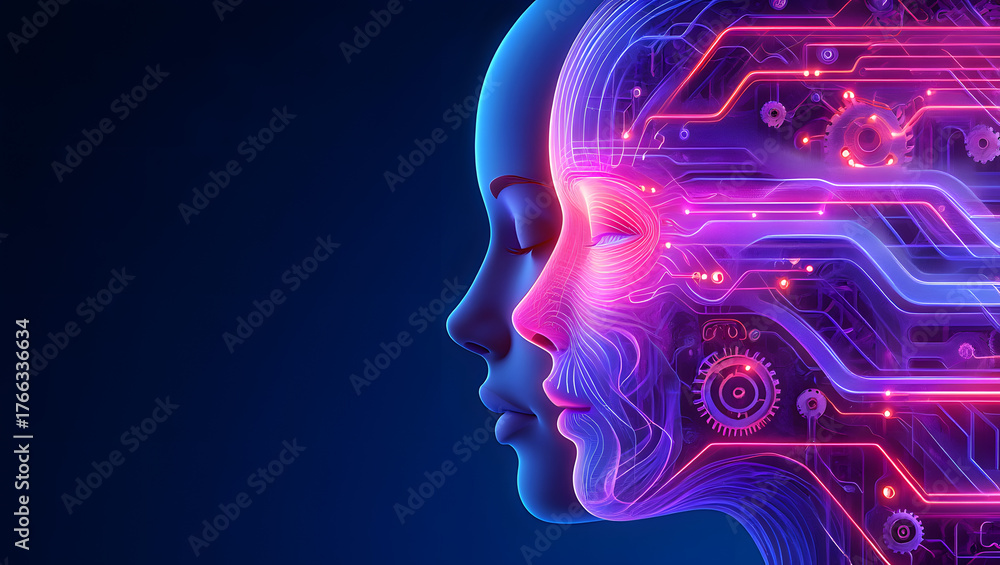 Fototapeta premium Futuristic ai head profile with glowing circuitry and neon lights symbolizing artificial intelligence and digital transformation