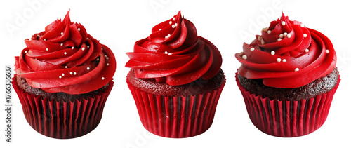 Chocolate cupcake with red swirl frosting and white sprinkles, isolated on white transparent background. Concept of dessert and celebration treat