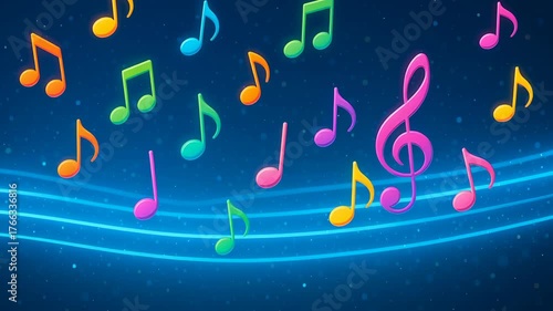 Colorful musical notes dance across vibrant background, creating joyful atmosphere filled with music, sound, and creativity for all to enjoy