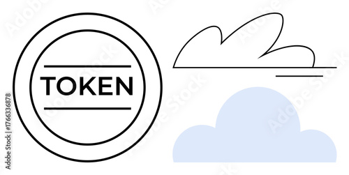 Circular token with bold TOKEN label next to outlined cloud and filled blue cloud. Ideal for blockchain, cloud connection, digital assets, cryptocurrency, storage, fintech, simple flat metaphor