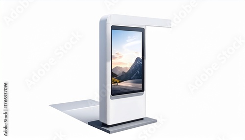 Modern Digital Signage Kiosk with Blank Screen on White Background.