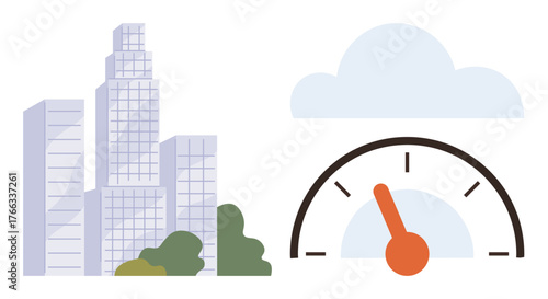 Modern skyscrapers, green spaces, cloud, and performance gauge portraying urban growth, environmental monitoring, and eco-friendliness. Ideal for urban planning, sustainability, innovation climate