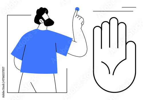 Man pointing upwards, large open hand graphic nearby. Ideal for communication, guidance, leadership, interaction, decision-making, teamwork education. A bold and simple flat metaphor