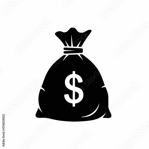 Solid black vector icon of a classic money bag or sack tightly tied at the neck, featuring a prominent white dollar sign, symbolizing large savings, banking, or financial growth and wealth