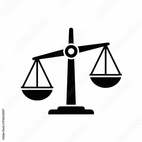 Simple black vector icon of unbalanced scales of justice or balance beam with one pan lower than the other, symbolizing inequality, legal judgment, or measurement.