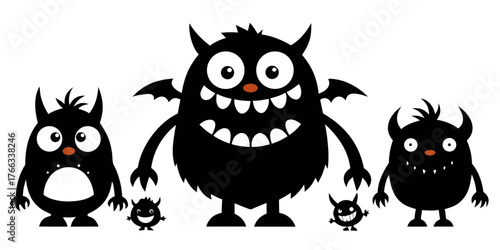 Cute Monster Family Silhouette Cartoon Lined Up Illustration